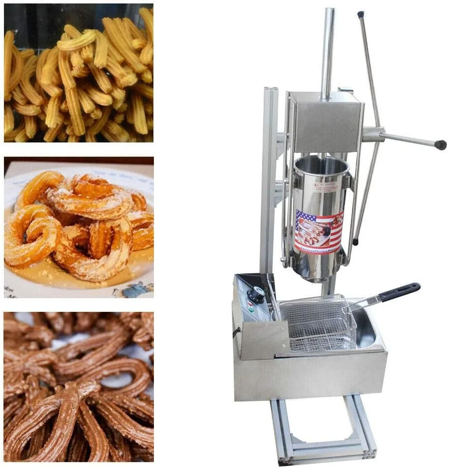 On the left side are 3 images of Churros the first is a a stack of over 40 churros,  the second is churros on a plate covered in powdered sugar and the third is a large stack of wheat deep fried churros. On the right is a large churro machine and fryer
