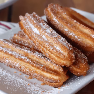 A stack of golden brown vanilla bean churros on a white plate, dusted with white powdered sugar