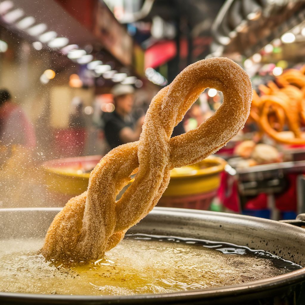 How to make churros at home A large twisting churro falling into a vat of boild oil 
