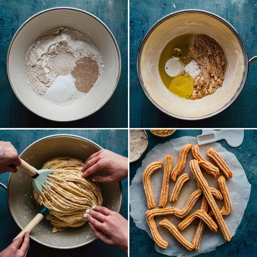 How to make churros at home 4 pictures depicting the process of mixing your ingredients to make your churros. 