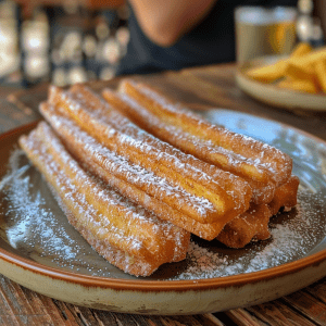 A stack of golden brown Mexican style churros on a plate covered ion powdered sugar