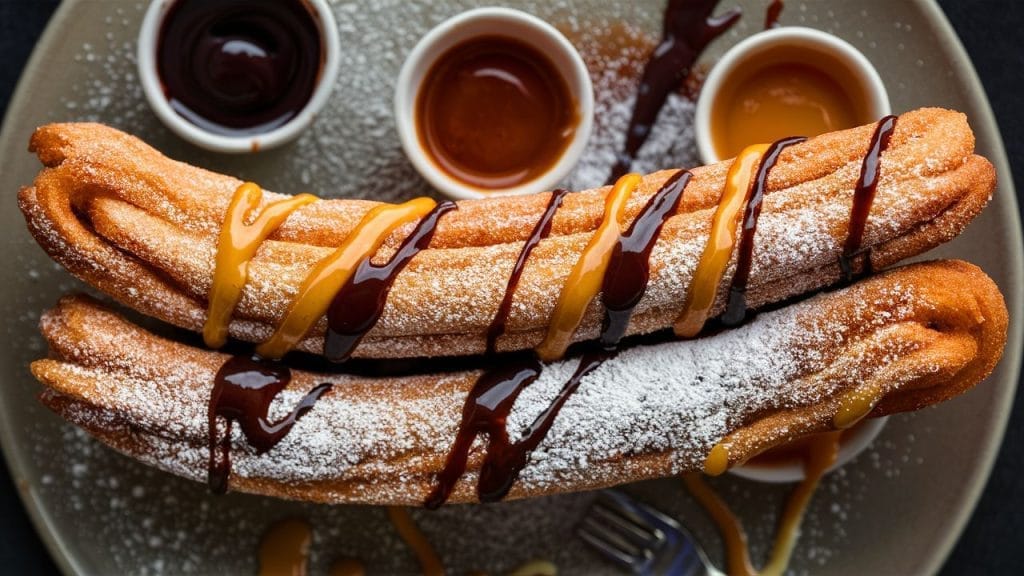 How to make churros at home two churros on a place covered in caramel and chocolate dipping sauce with powdered sugar sprinkled all over them