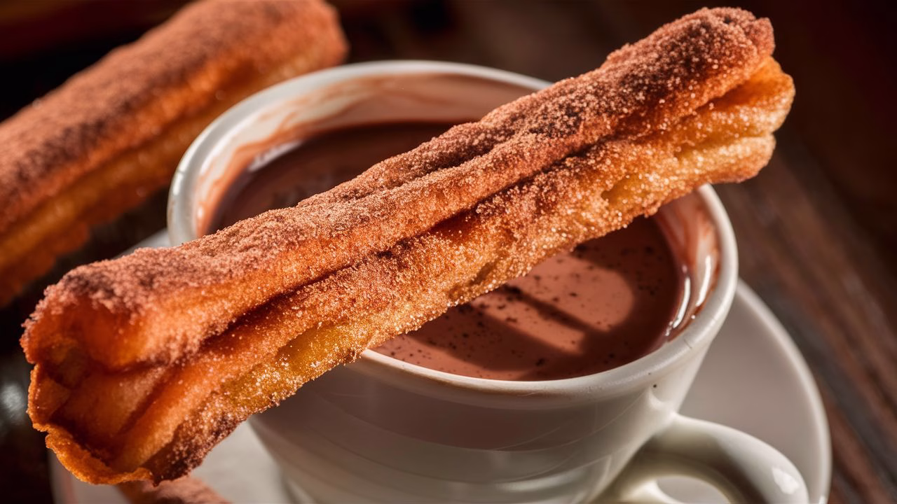a delicious churro covered in brown sugar resting over a cup of hot chocolate