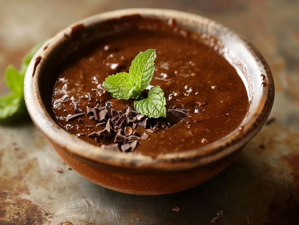 Mint Delight Dipping Sauce. Chocolate mint dipping sauce garnished with mint and chocolate chunks