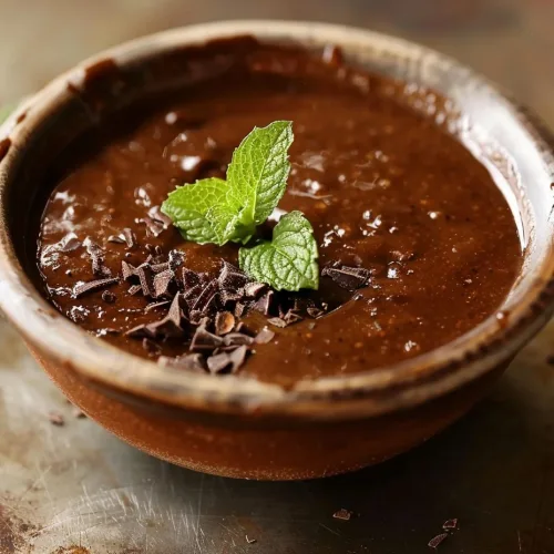 Mint Delight Dipping Sauce. Chocolate mint dipping sauce garnished with mint and chocolate chunks
