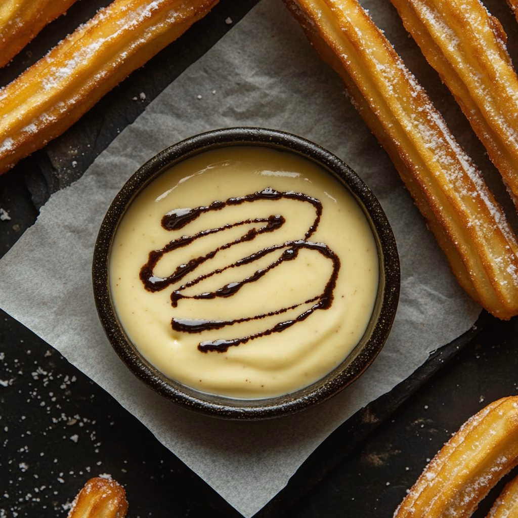 Vanilla bean dipping sauce paired with golden brown churros