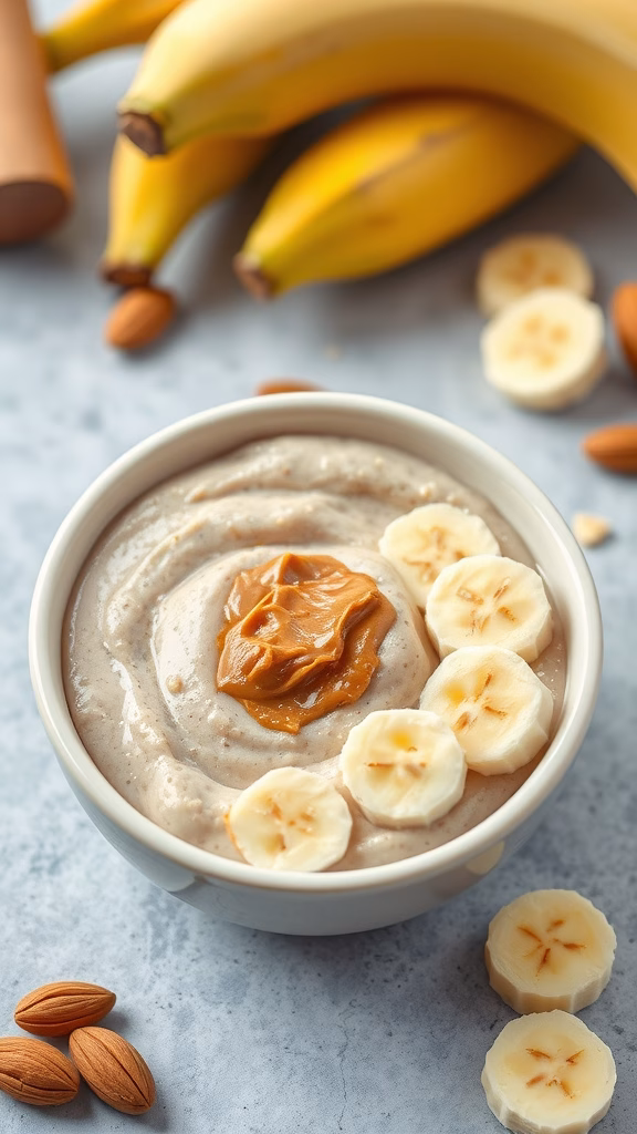 A bowl of creamy banana almond butter protein pudding topped with banana slices and almond pieces.