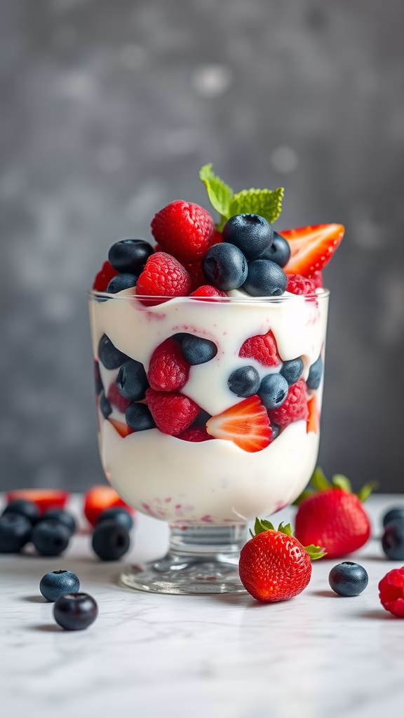 Berry Blast Greek Yogurt Pudding with fresh berries and mint garnish