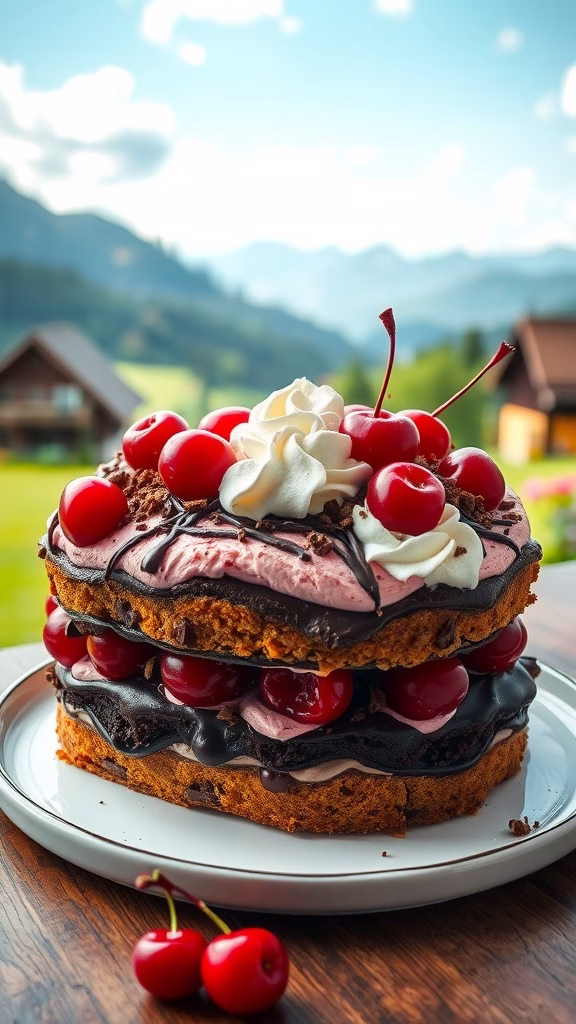 A beautifully layered Black Forest Cake topped with cherries and whipped cream.