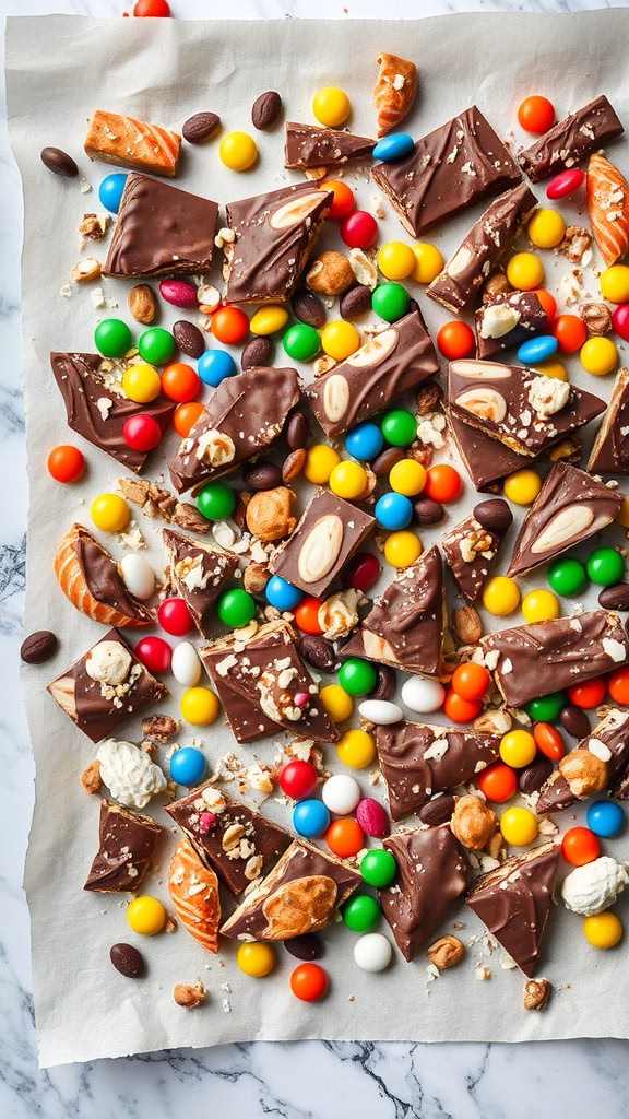 Colorful candy bark with chocolate and various candies scattered on top.