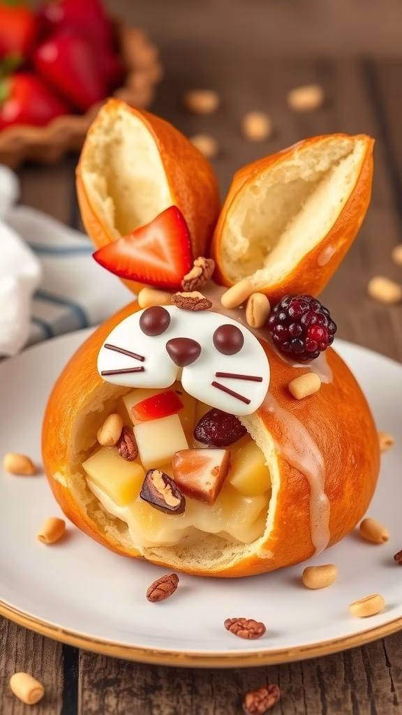 A playful Bunny Chow dessert made from hollowed bread filled with fruits and nuts, decorated with chocolate chips.