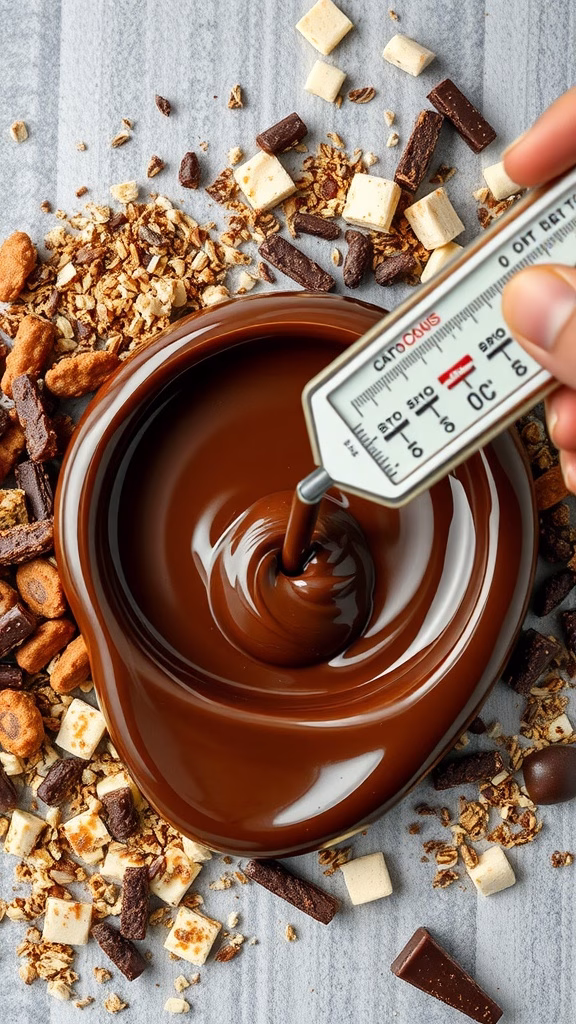 A thermometer measuring the temperature of melted chocolate surrounded by various toppings and snacks.