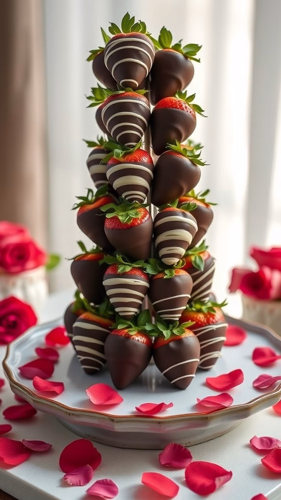 A tower of chocolate-dipped strawberries arranged elegantly.