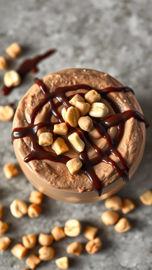 Creamy chocolate peanut butter protein pudding topped with nuts and chocolate drizzle.
