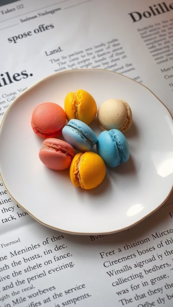 A plate of colorful macarons in bright shades, including pink, yellow, blue, and cream, displayed on a white plate.