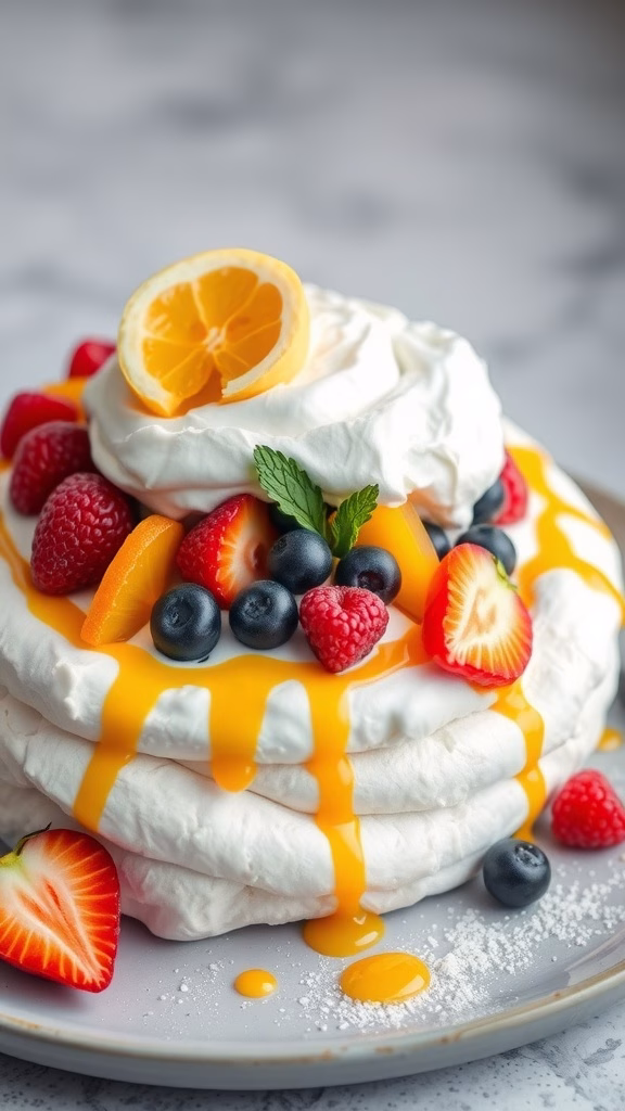 A colorful pavlova topped with fresh fruits and whipped cream, featuring strawberries, blueberries, raspberries, and orange slices.