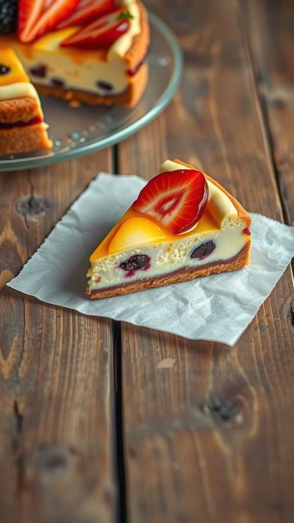 Delicious cheesecake bars with a cookie crust topped with fresh fruit.