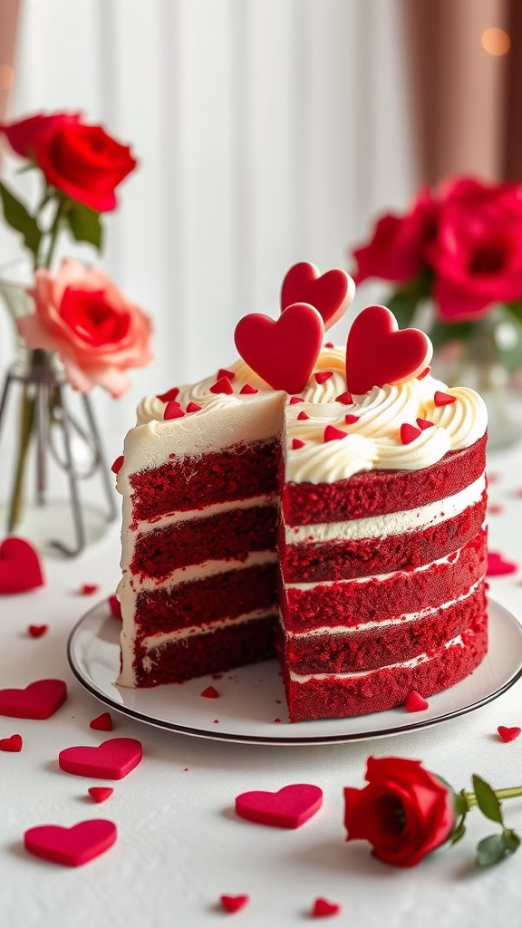 A beautifully decorated red velvet cake with cream cheese frosting and heart shapes on top.