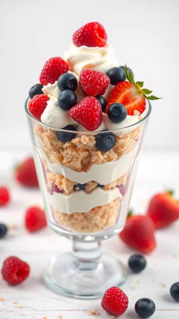 Delicious dessert parfait with crumbled cake, whipped cream, and fresh berries.