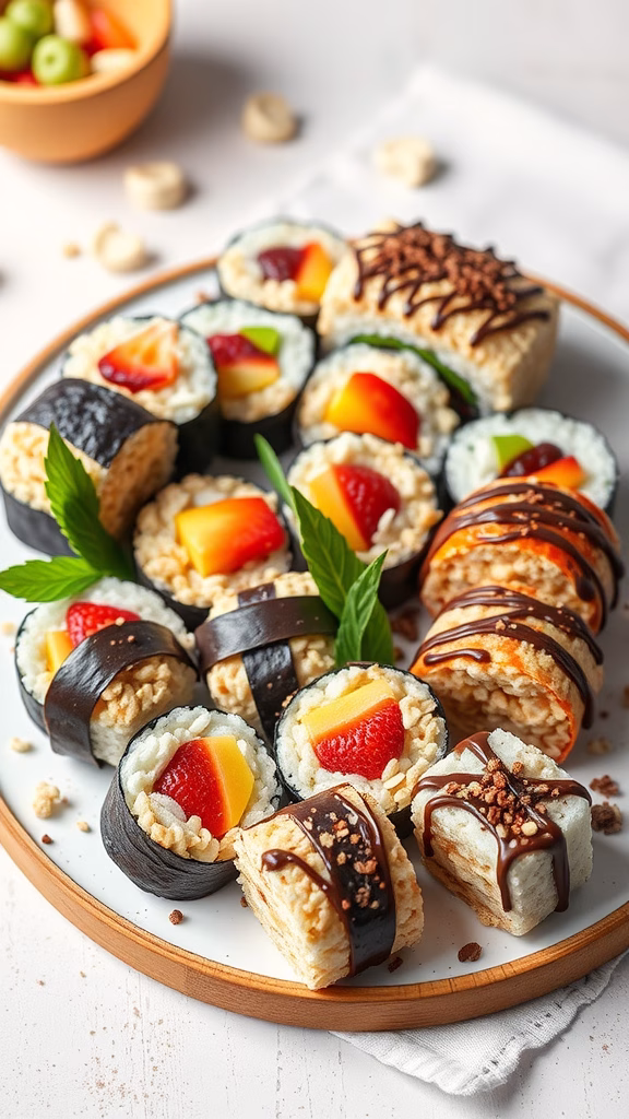 A colorful platter of dessert sushi rolls made with Rice Krispies, fruits, and drizzled with chocolate.
