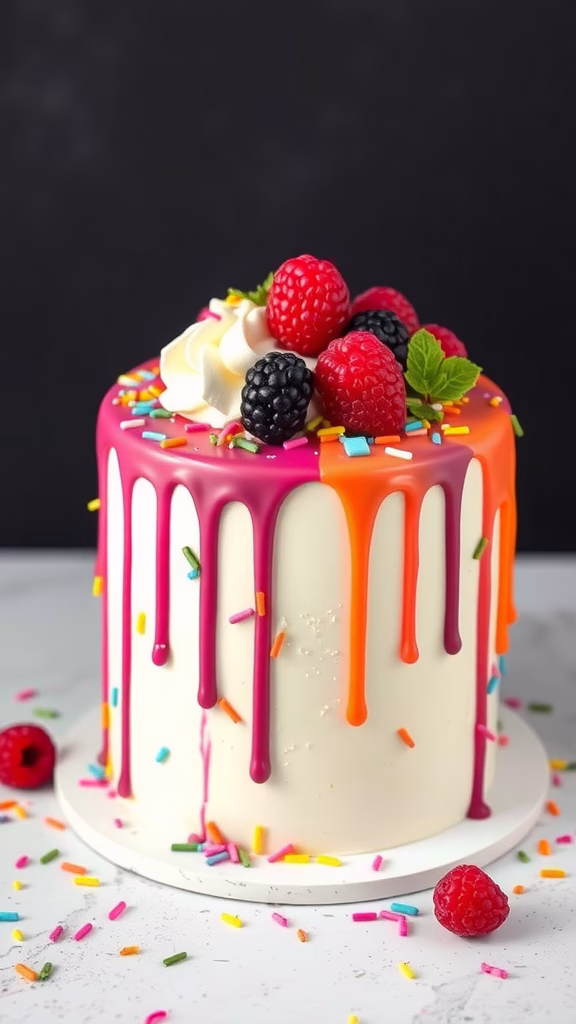 Colorful drip cake decorated with berries and sprinkles
