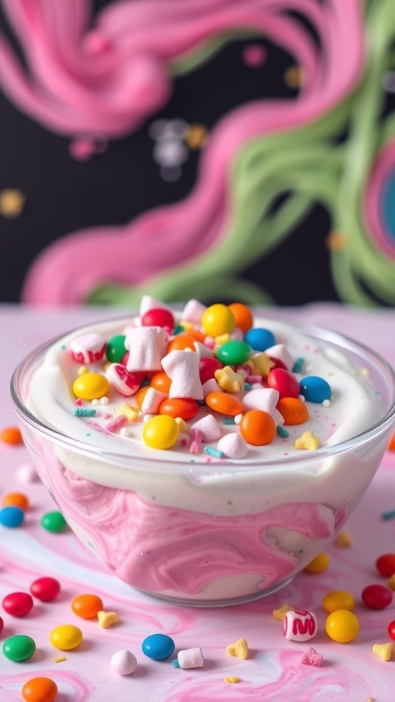 A colorful bowl of edible slime topped with sprinkles and candies, illustrating a fun edible science experiment.
