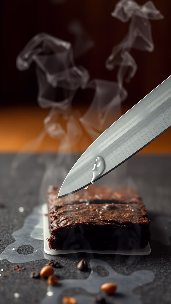 A close-up of a knife hovering over a freshly baked brownie, with steam rising from the brownie.