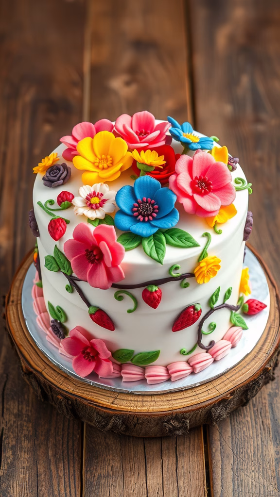 A beautifully decorated cake with vibrant fondant flowers in various colors.