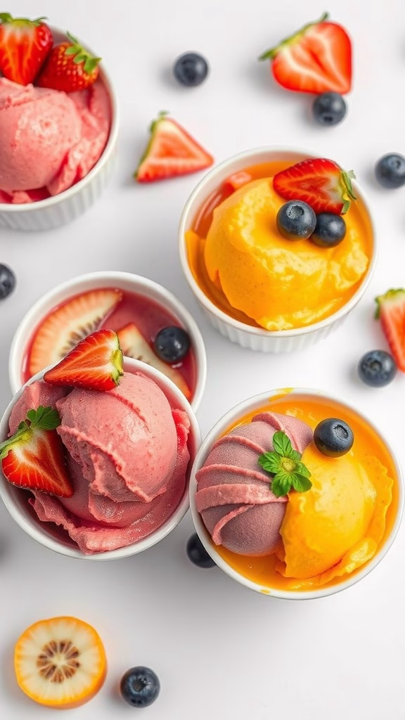 Bright bowls of fruit-infused gelato with fresh strawberries and blueberries.