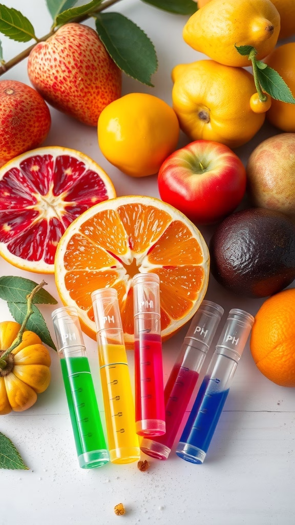 Colorful arrangement of fruits and pH indicator tubes showcasing a fruit chemistry experiment.