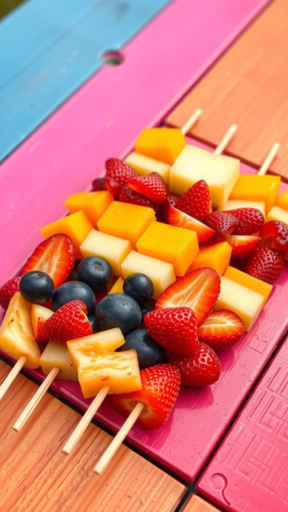 Colorful fruit skewers with strawberries, mango, and blueberries arranged on a pink surface.