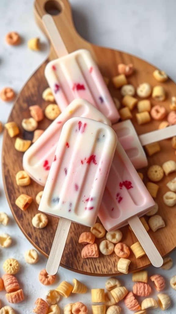 Colorful fruity cereal milk popsicles on a wooden platter surrounded by cereal pieces.