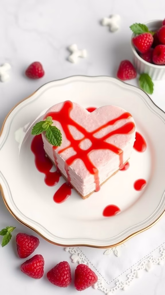 Heart-shaped raspberry mousse dessert with a red sauce drizzle