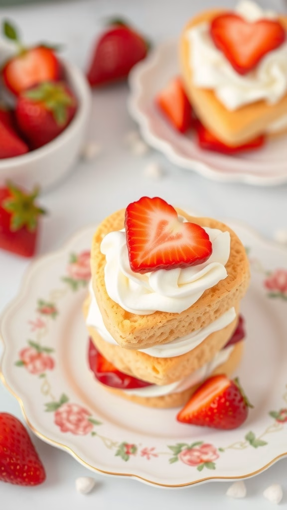 Heart-shaped strawberry shortcakes stacked with whipped cream and fresh strawberries.