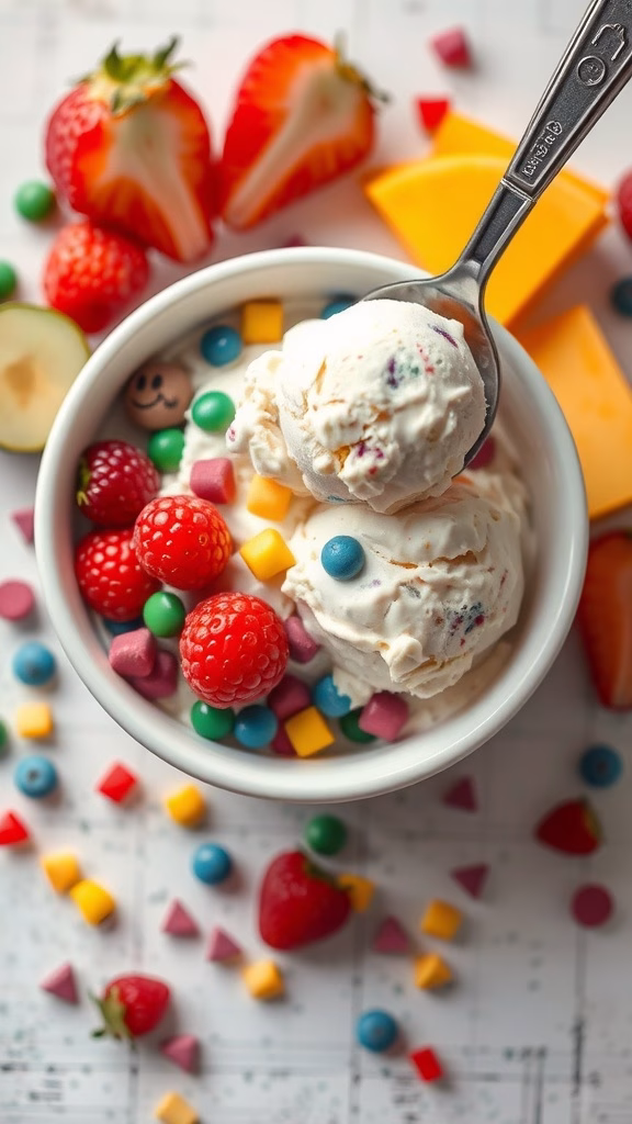 A bowl of homemade ice cream topped with colorful candies and fresh fruits.
