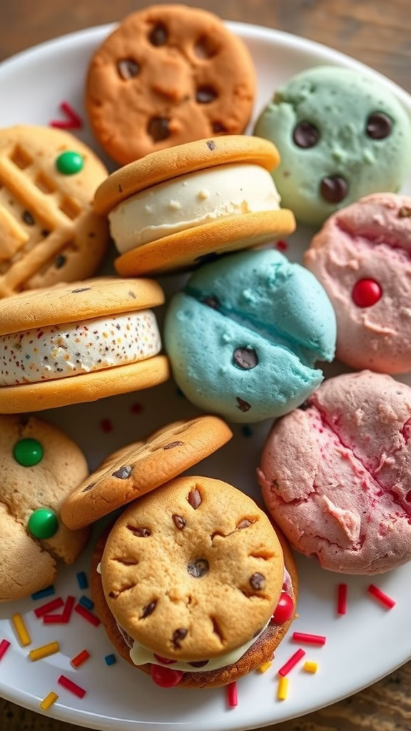 Colorful ice cream sandwiches made from cookies.