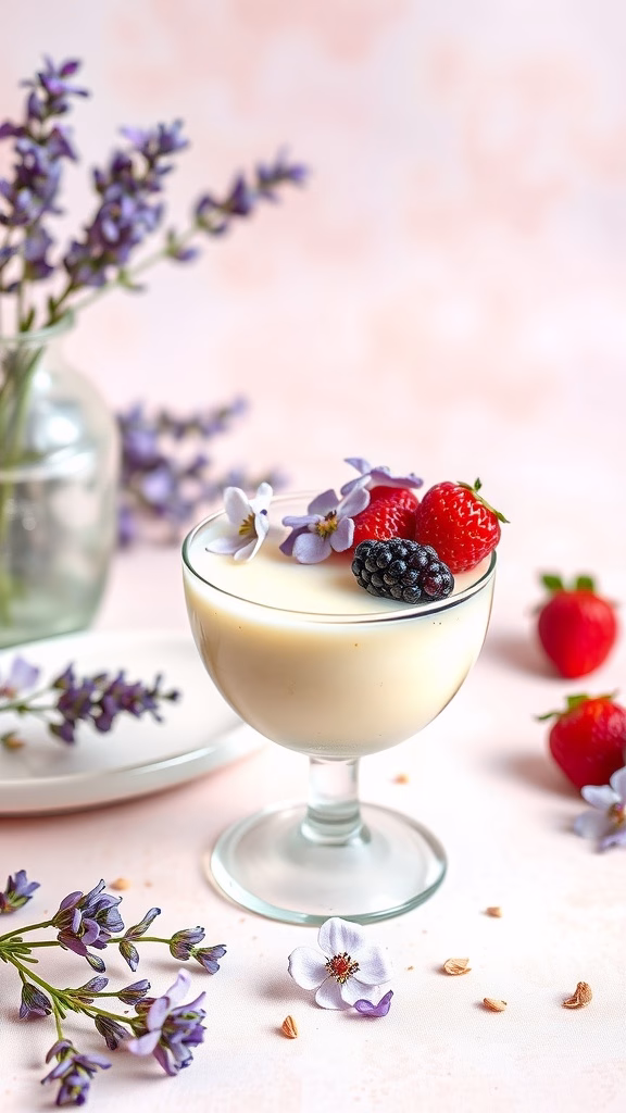 Lavender Honey Panna Cotta served in a glass with berries and flowers