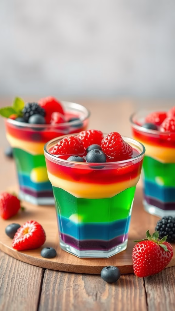 Colorful layered jello cups topped with fresh berries on a wooden platter.
