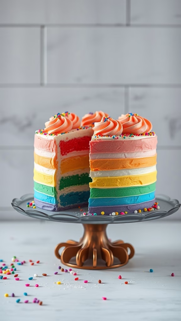 A colorful layered rainbow cake with whipped frosting, showcasing vibrant layers and topped with sprinkles.