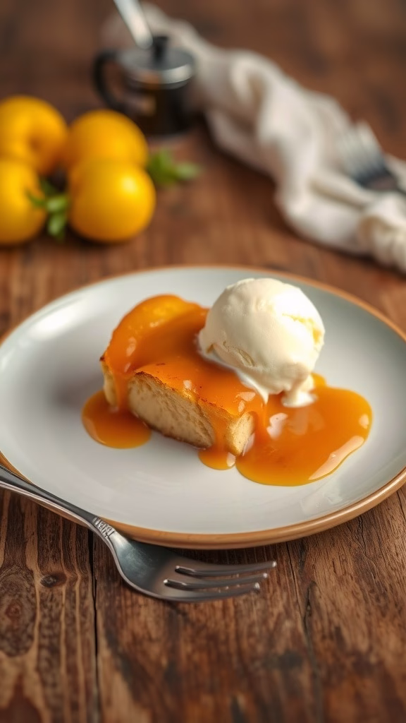 A slice of malva pudding topped with apricot sauce and a scoop of ice cream, served on a plate.