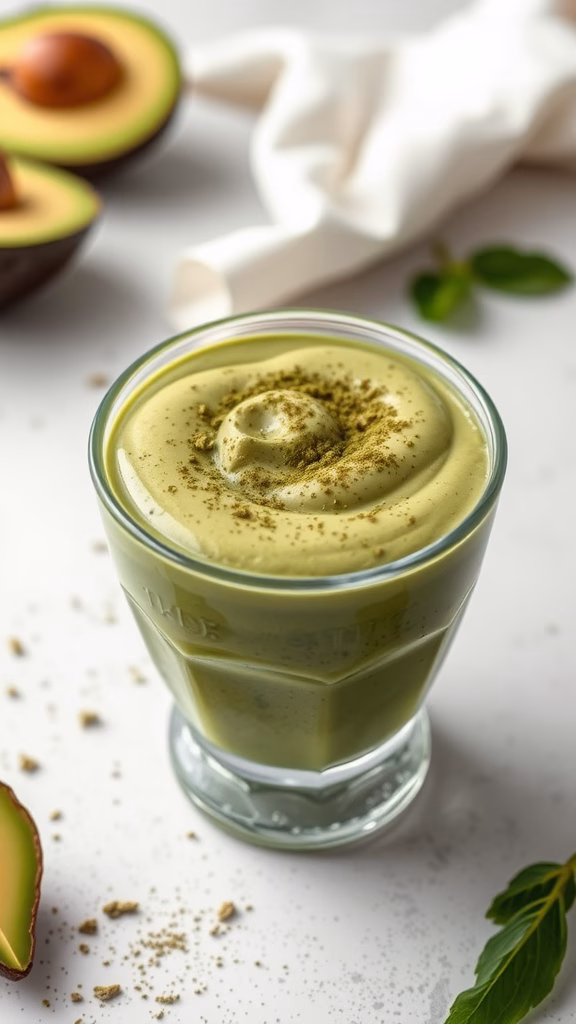 A creamy matcha avocado protein pudding in a glass, topped with a sprinkle of matcha powder.