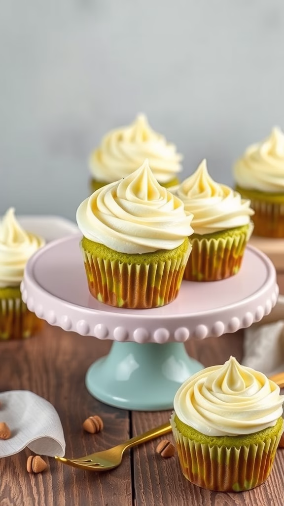 Matcha green tea cupcakes with creamy frosting on a decorative cake stand.