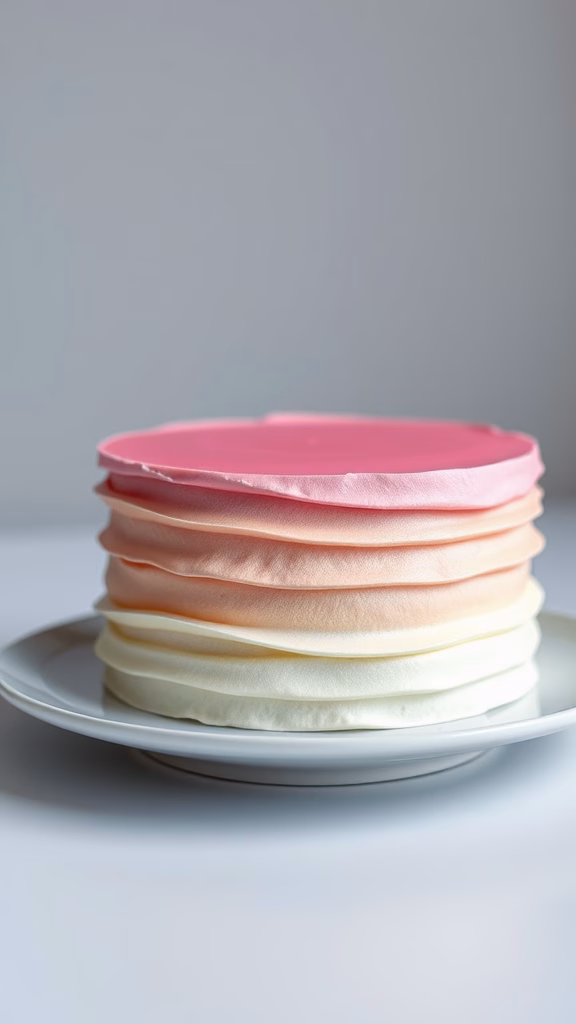 A cake with ombré buttercream layers in soft pink and cream colors.