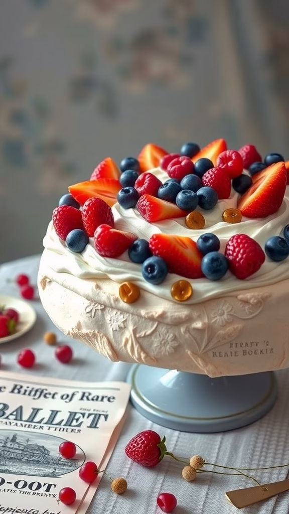 A beautifully decorated Pavlova topped with a variety of fresh fruits.
