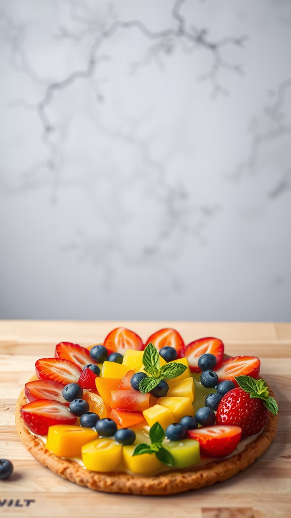 A vibrant rainbow fruit pizza topped with strawberries, blueberries, mango, and kiwi on a cookie crust.