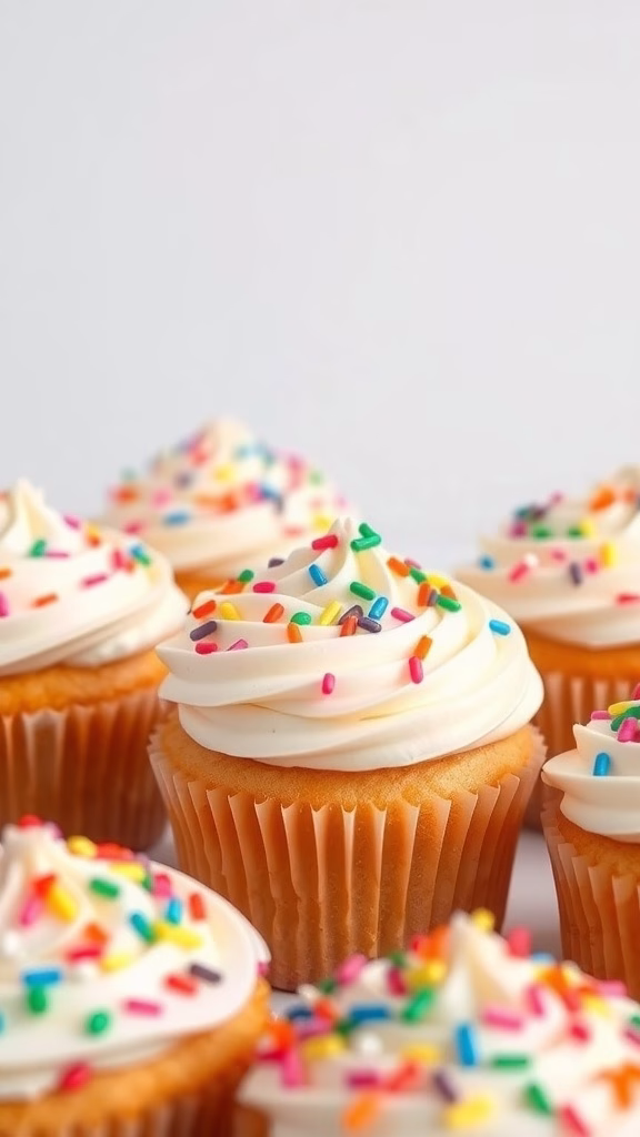 A close-up of colorful cupcakes topped with sprinkles and creamy frosting.