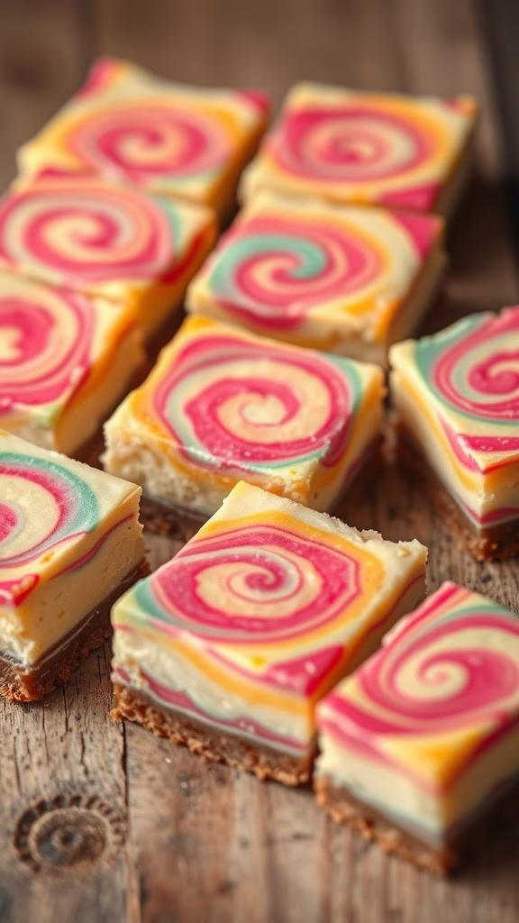 Colorful rainbow swirl cheesecake bars arranged on a wooden surface.