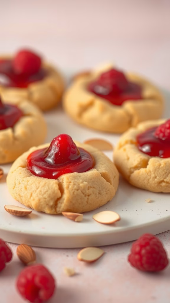 Raspberry almond thumbprint cookies with a glossy raspberry center and slivered almonds