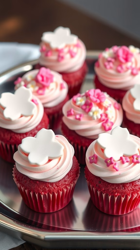 Delicious red velvet cupcakes with cream cheese frosting and decorative flower toppings.