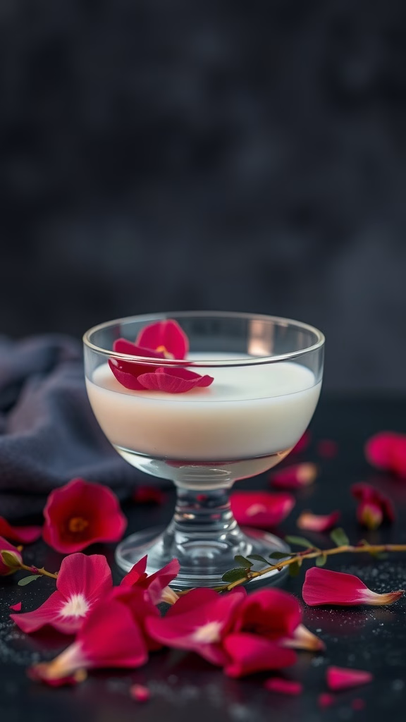 A glass of rose-scented panna cotta surrounded by rose petals.